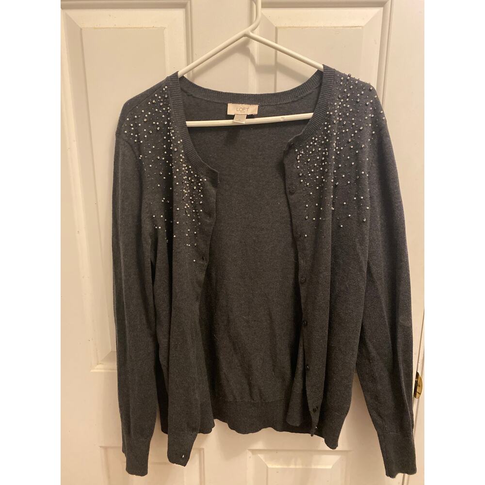 Ann Taylor LOFT Women's Size XL Charcoal Gray Embellished Cardigan Sweater - Picture 3 of 5